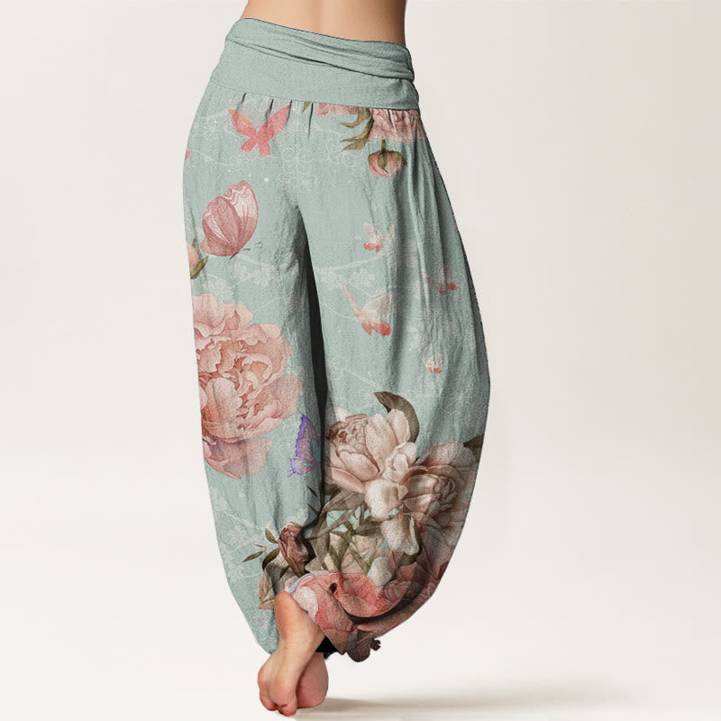Pure Cotton Casual Bright Peony Flower Butterfly Women's Elastic Waist Harem Pants