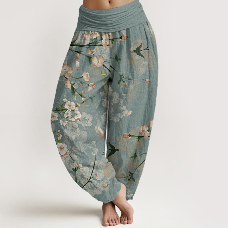 Pure Cotton Peach Blossoms Flying Geese Pattern Women's Elastic Waist Harem Pants