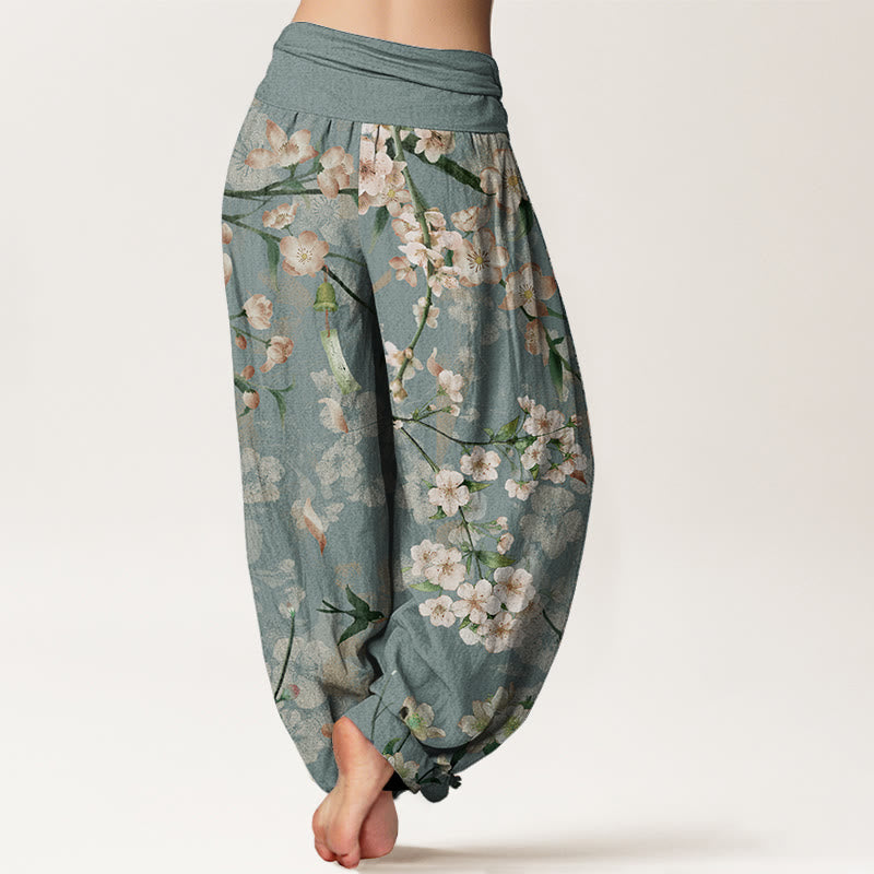 Pure Cotton Peach Blossoms Flying Geese Pattern Women's Elastic Waist Harem Pants