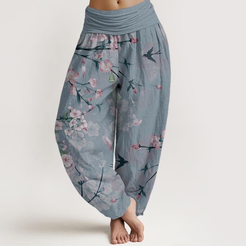 Pure Cotton Peach Blossoms Flying Geese Pattern Women's Elastic Waist Harem Pants