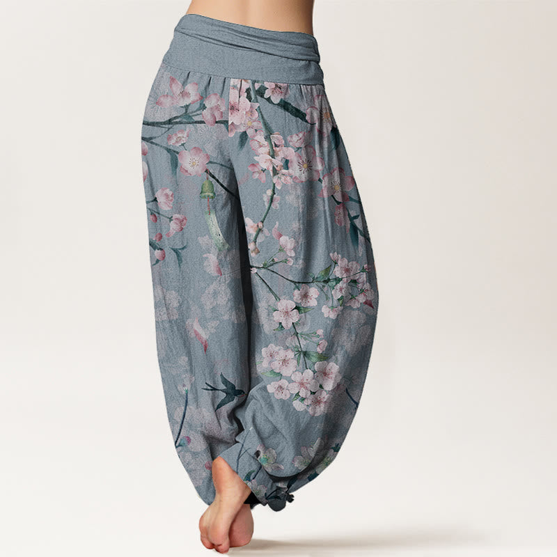 Pure Cotton Peach Blossoms Flying Geese Pattern Women's Elastic Waist Harem Pants