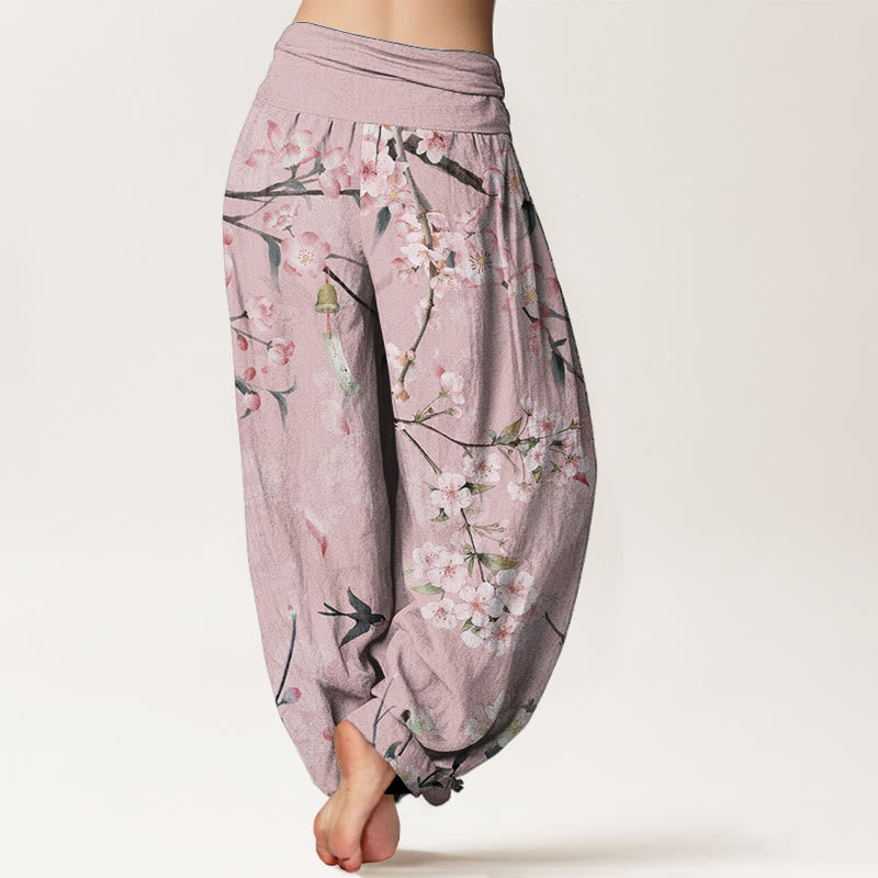 Pure Cotton Peach Blossoms Flying Geese Pattern Women's Elastic Waist Harem Pants