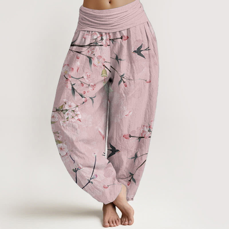 Pure Cotton Peach Blossoms Flying Geese Pattern Women's Elastic Waist Harem Pants