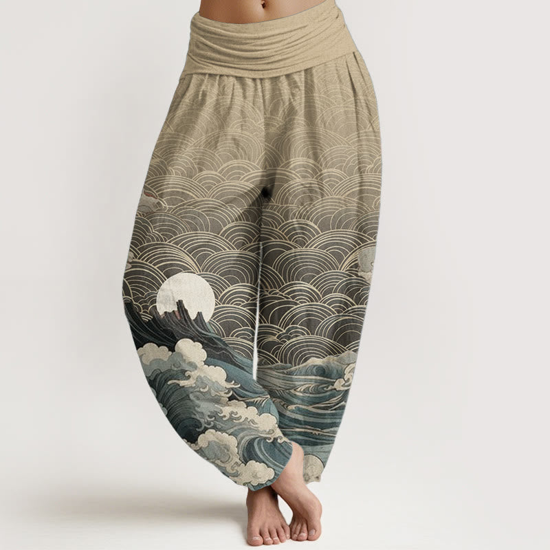 Cotton Wave Print Elastic Waist Meditation Harem Pants