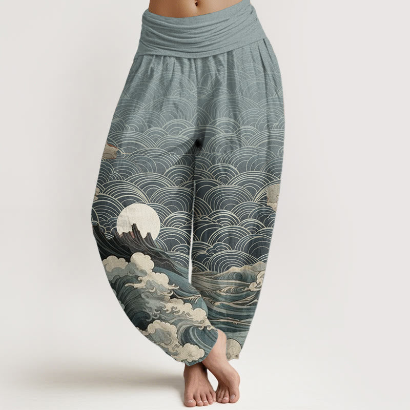 Cotton Wave Print Elastic Waist Meditation Harem Pants
