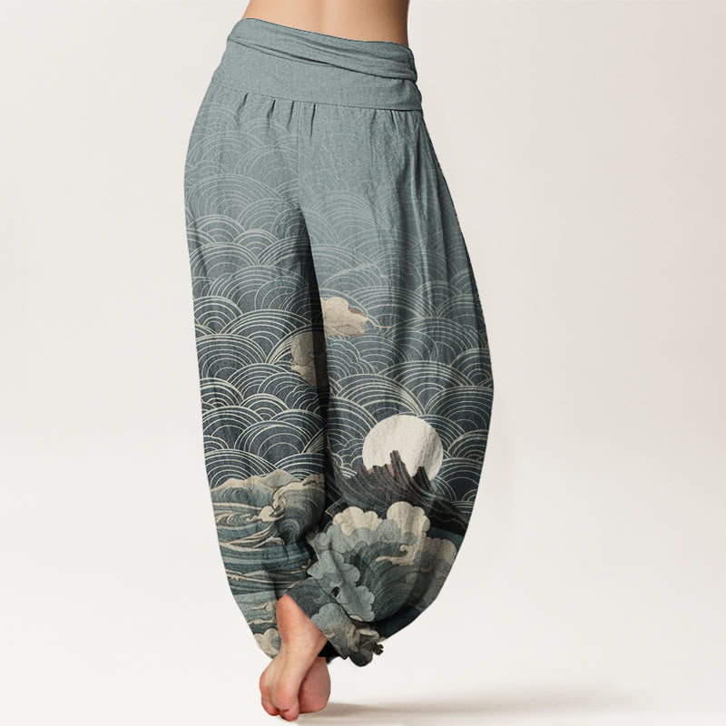 Cotton Wave Print Elastic Waist Meditation Harem Pants