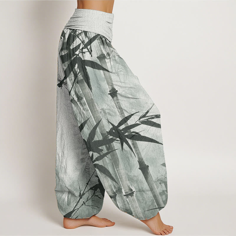 Pure Cotton Casual Bamboo Leaves Dragonfly Pattern Women's Elastic Waist Harem Pants