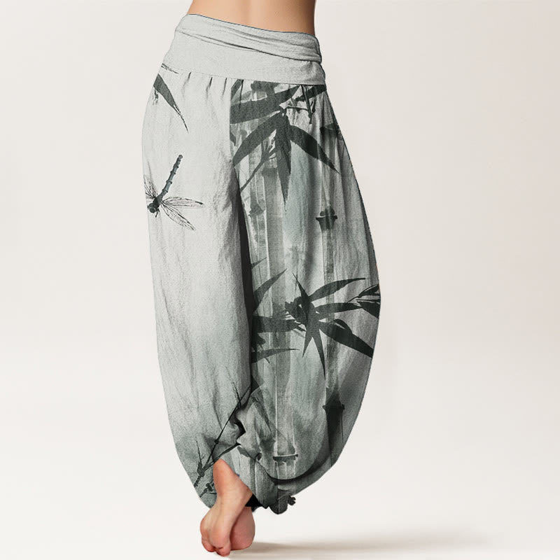 Pure Cotton Casual Bamboo Leaves Dragonfly Pattern Women's Elastic Waist Harem Pants
