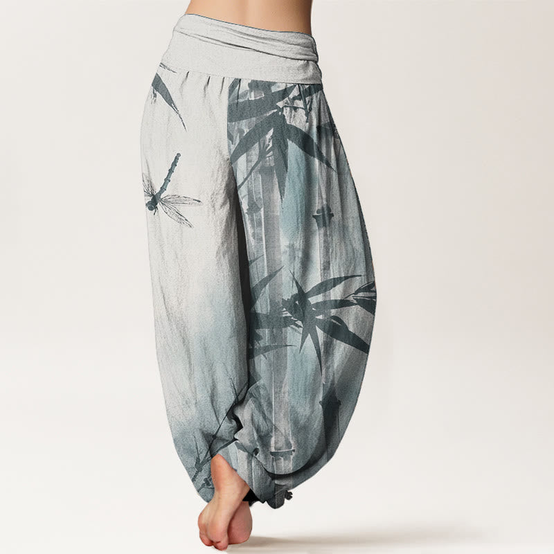 Pure Cotton Casual Bamboo Leaves Dragonfly Pattern Women's Elastic Waist Harem Pants