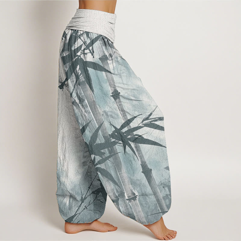 Pure Cotton Casual Bamboo Leaves Dragonfly Pattern Women's Elastic Waist Harem Pants
