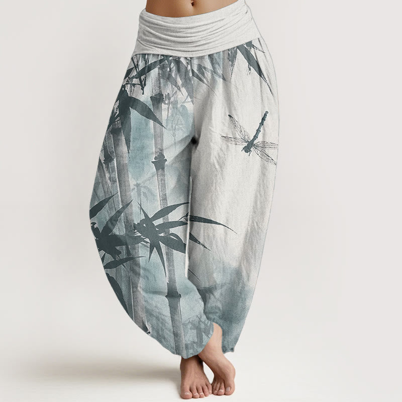 Pure Cotton Casual Bamboo Leaves Dragonfly Pattern Women's Elastic Waist Harem Pants