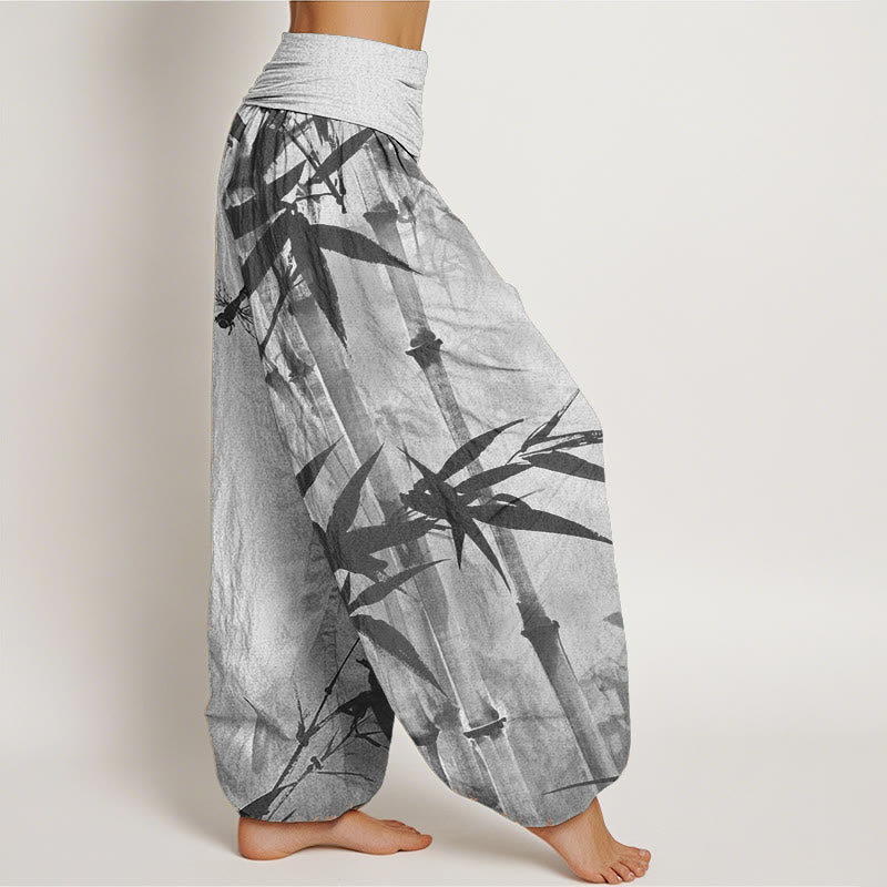 Pure Cotton Casual Bamboo Leaves Dragonfly Pattern Women's Elastic Waist Harem Pants