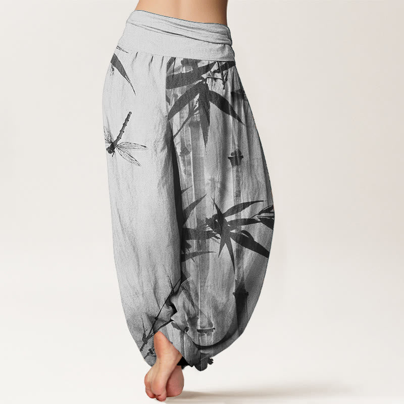 Pure Cotton Casual Bamboo Leaves Dragonfly Pattern Women's Elastic Waist Harem Pants