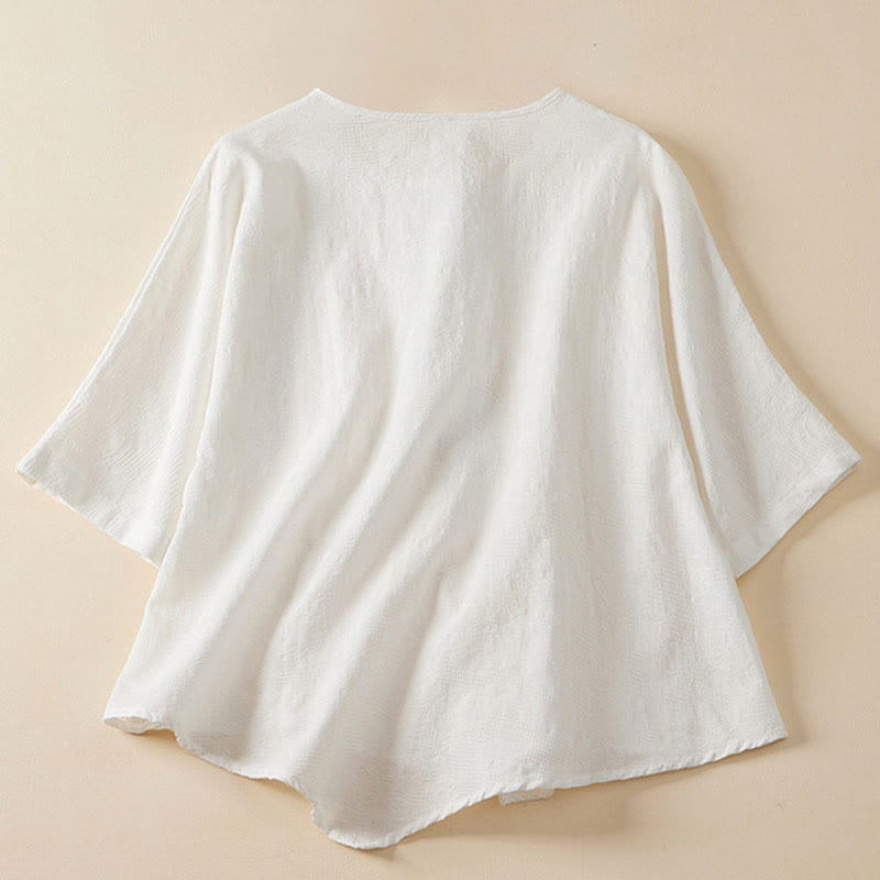 Casual Flower Colorful Frog Button Half Sleeve Cotton Linen Women's Shirt