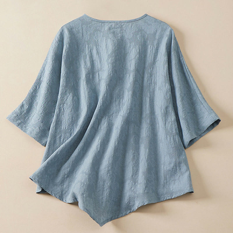 Casual Flower Colorful Frog Button Half Sleeve Cotton Linen Women's Shirt