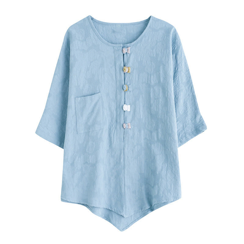 Casual Flower Colorful Frog Button Half Sleeve Cotton Linen Women's Shirt