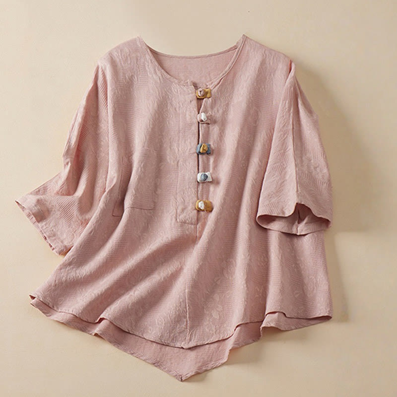 Casual Flower Colorful Frog Button Half Sleeve Cotton Linen Women's Shirt
