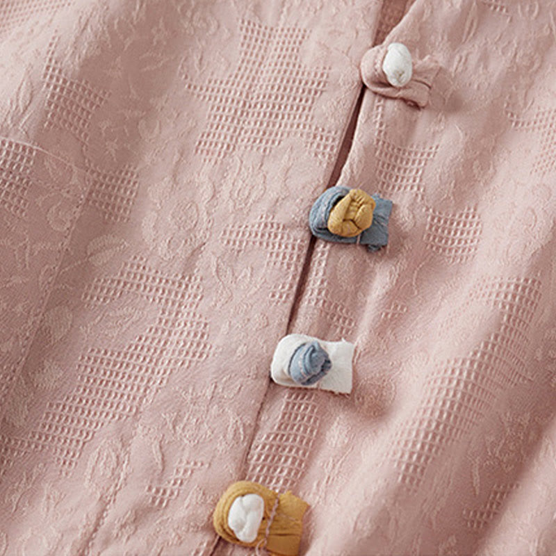 Casual Flower Colorful Frog Button Half Sleeve Cotton Linen Women's Shirt