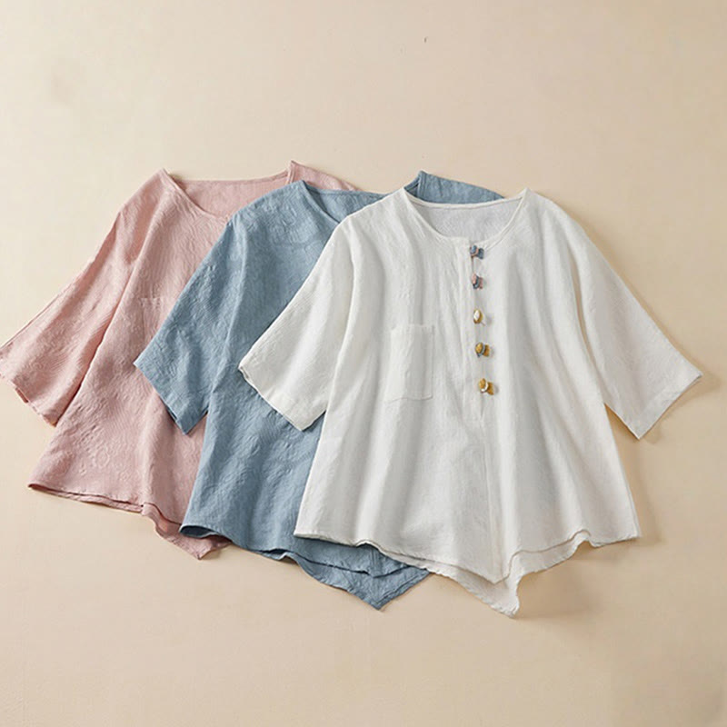 Casual Flower Colorful Frog Button Half Sleeve Cotton Linen Women's Shirt