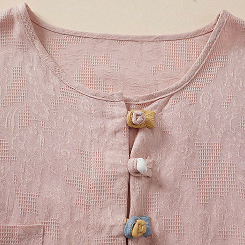 Casual Flower Colorful Frog Button Half Sleeve Cotton Linen Women's Shirt