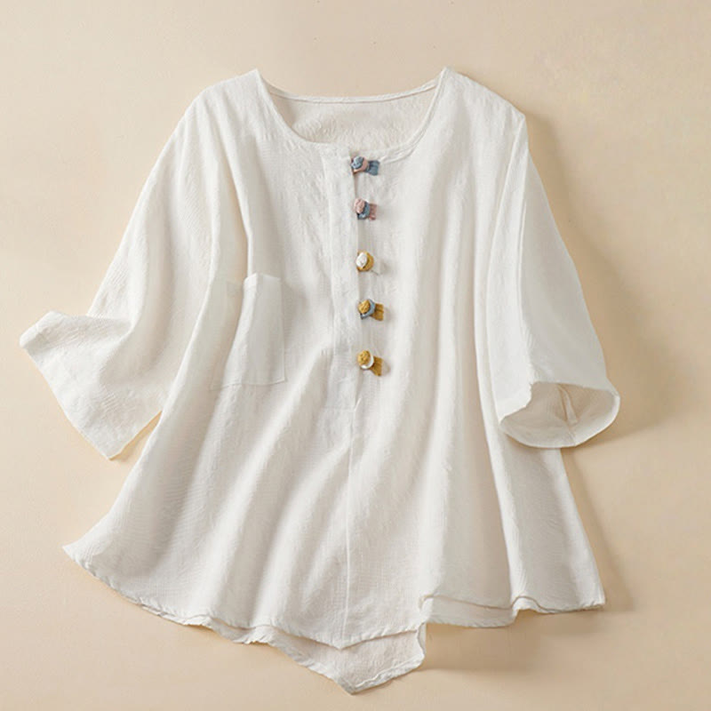 Casual Flower Colorful Frog Button Half Sleeve Cotton Linen Women's Shirt