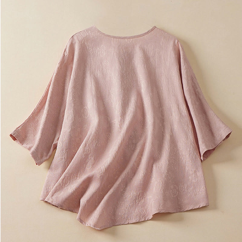 Casual Flower Colorful Frog Button Half Sleeve Cotton Linen Women's Shirt