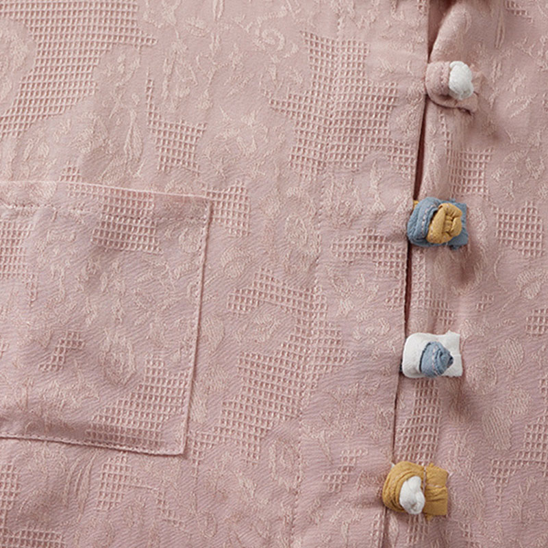 Casual Flower Colorful Frog Button Half Sleeve Cotton Linen Women's Shirt