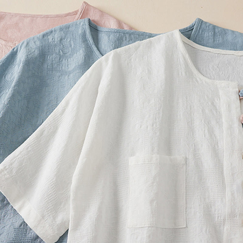 Casual Flower Colorful Frog Button Half Sleeve Cotton Linen Women's Shirt