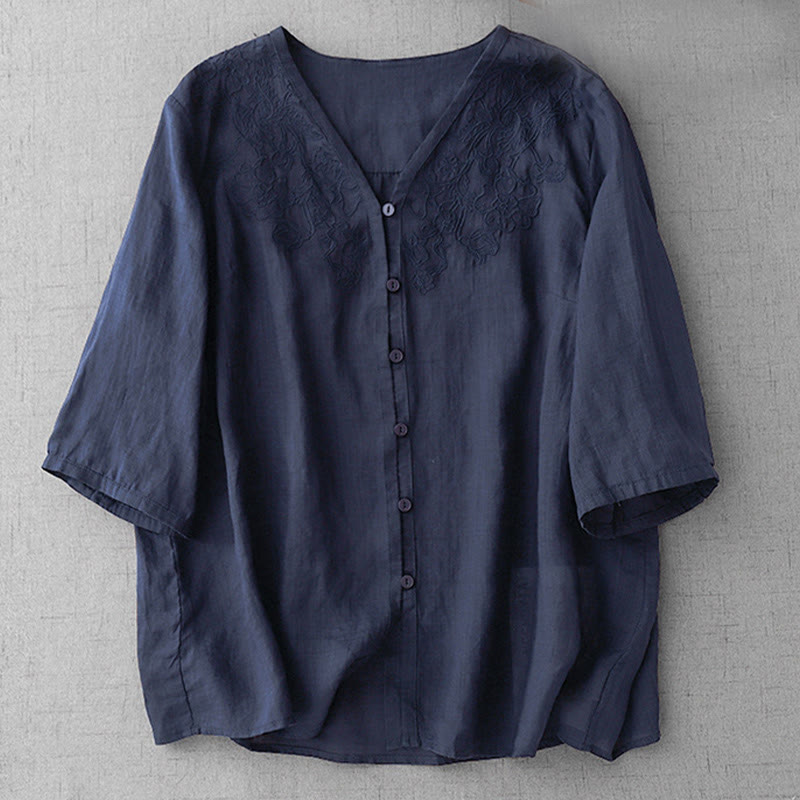 Cotton Blend Embroidered Half-Sleeve Meditation Shirt Cardigan
