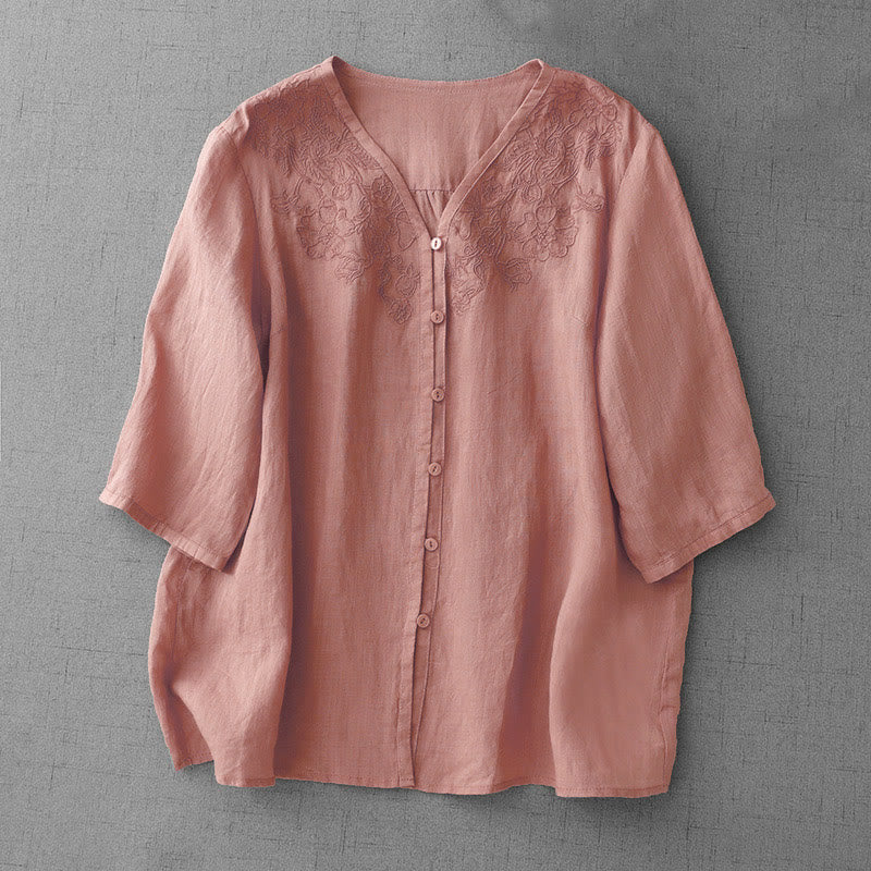 Cotton Blend Embroidered Half-Sleeve Meditation Shirt Cardigan