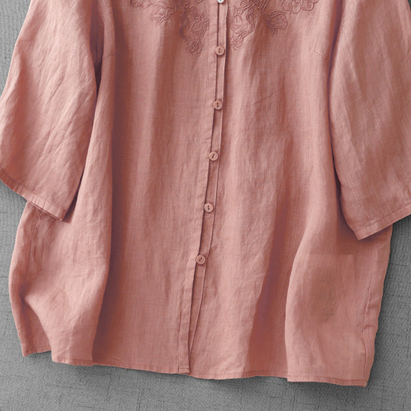 Cotton Blend Embroidered Half-Sleeve Meditation Shirt Cardigan
