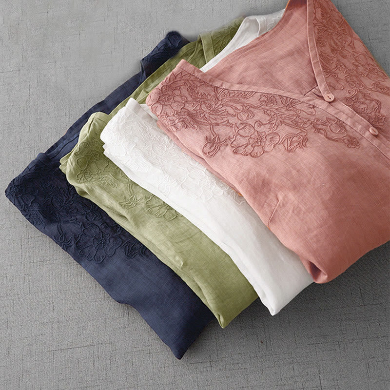 Cotton Blend Embroidered Half-Sleeve Meditation Shirt Cardigan