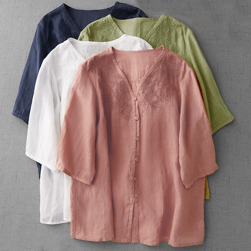 Cotton Blend Embroidered Half-Sleeve Meditation Shirt Cardigan