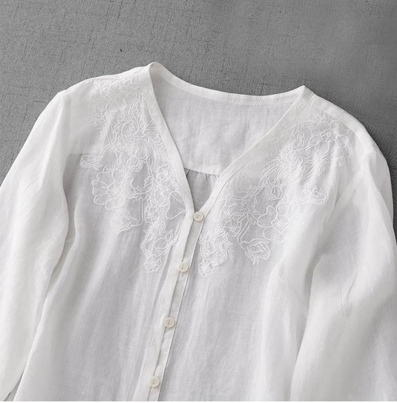 Cotton Blend Embroidered Half-Sleeve Meditation Shirt Cardigan