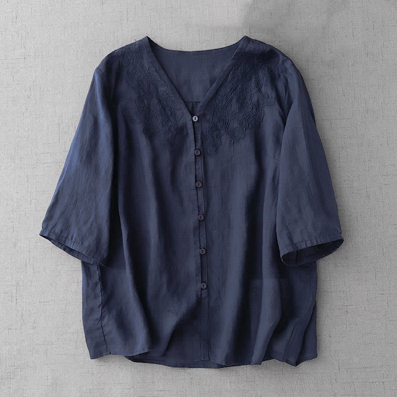 Cotton Blend Embroidered Half-Sleeve Meditation Shirt Cardigan
