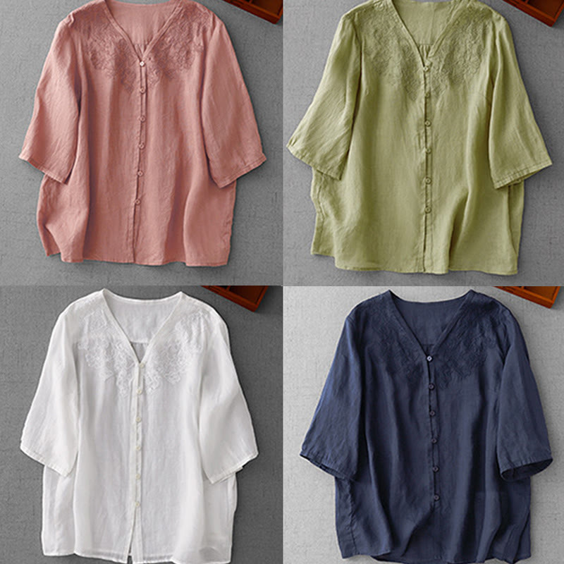 Cotton Blend Embroidered Half-Sleeve Meditation Shirt Cardigan