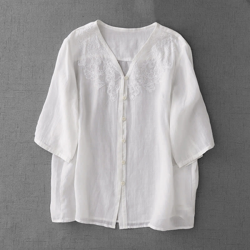 Cotton Blend Embroidered Half-Sleeve Meditation Shirt Cardigan