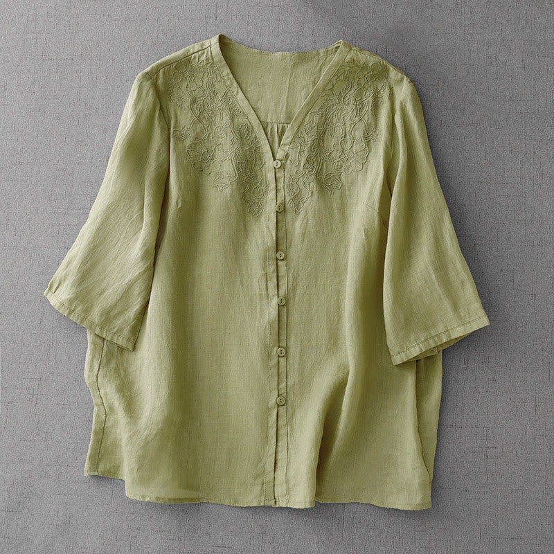 Cotton Blend Embroidered Half-Sleeve Meditation Shirt Cardigan