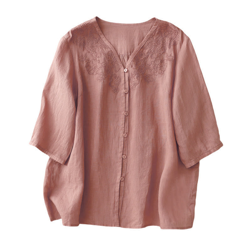 Cotton Blend Embroidered Half-Sleeve Meditation Shirt Cardigan