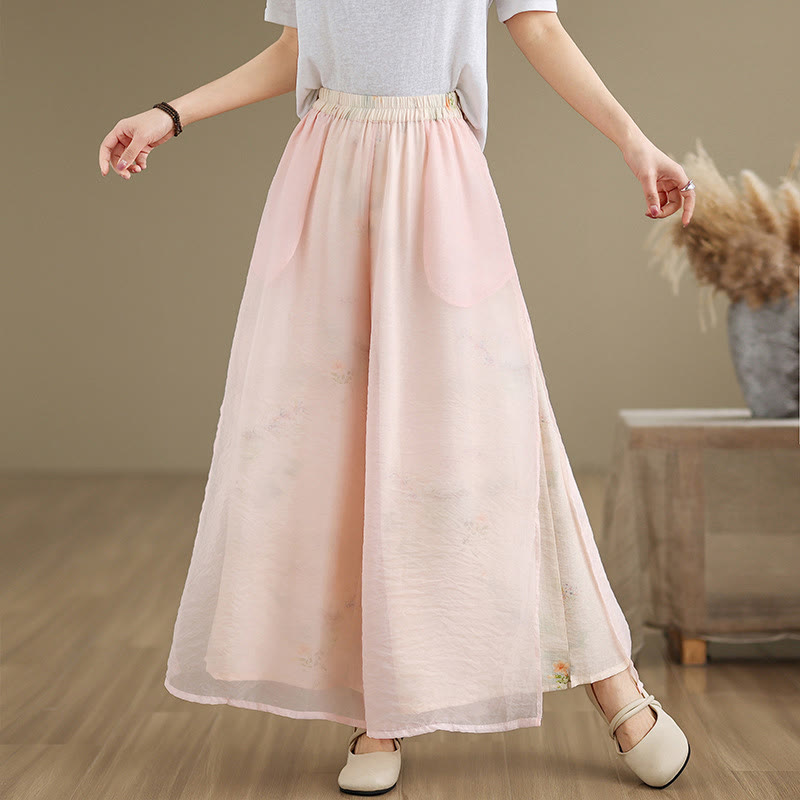 Spring Vintage Printing Plant Pattern Double Layer Design Women's Cotton Wide Leg Pants With Pockets
