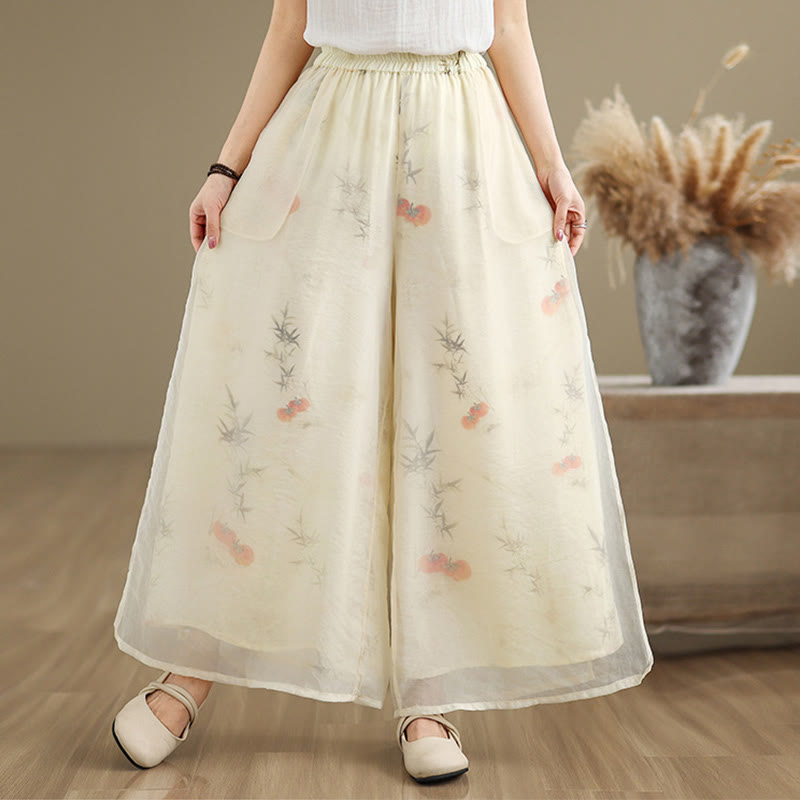 Spring Vintage Printing Plant Pattern Double Layer Design Women's Cotton Wide Leg Pants With Pockets