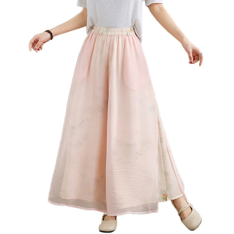 Spring Vintage Printing Plant Pattern Double Layer Design Women's Cotton Wide Leg Pants With Pockets