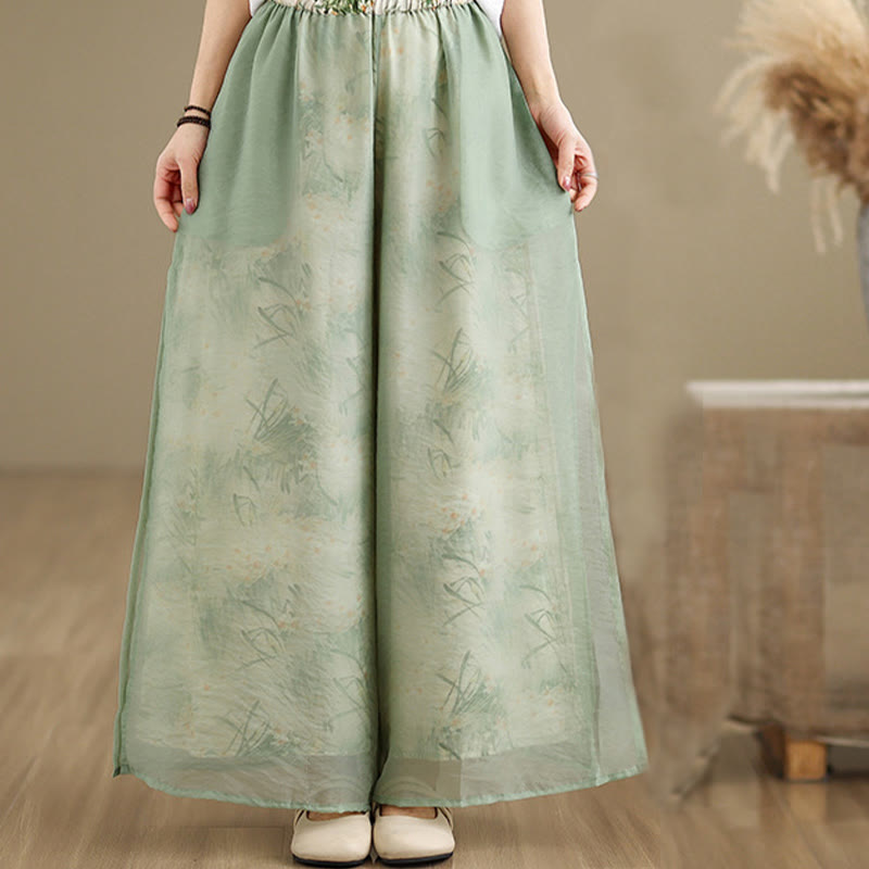 Spring Vintage Printing Plant Pattern Double Layer Design Women's Cotton Wide Leg Pants With Pockets