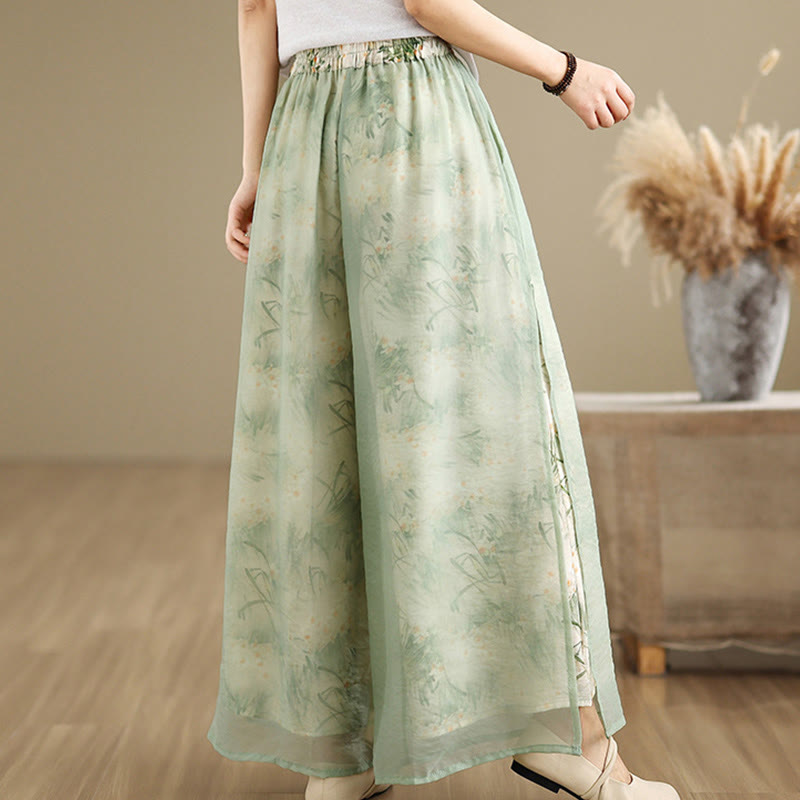 Spring Vintage Printing Plant Pattern Double Layer Design Women's Cotton Wide Leg Pants With Pockets