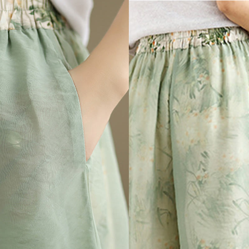 Spring Vintage Printing Plant Pattern Double Layer Design Women's Cotton Wide Leg Pants With Pockets