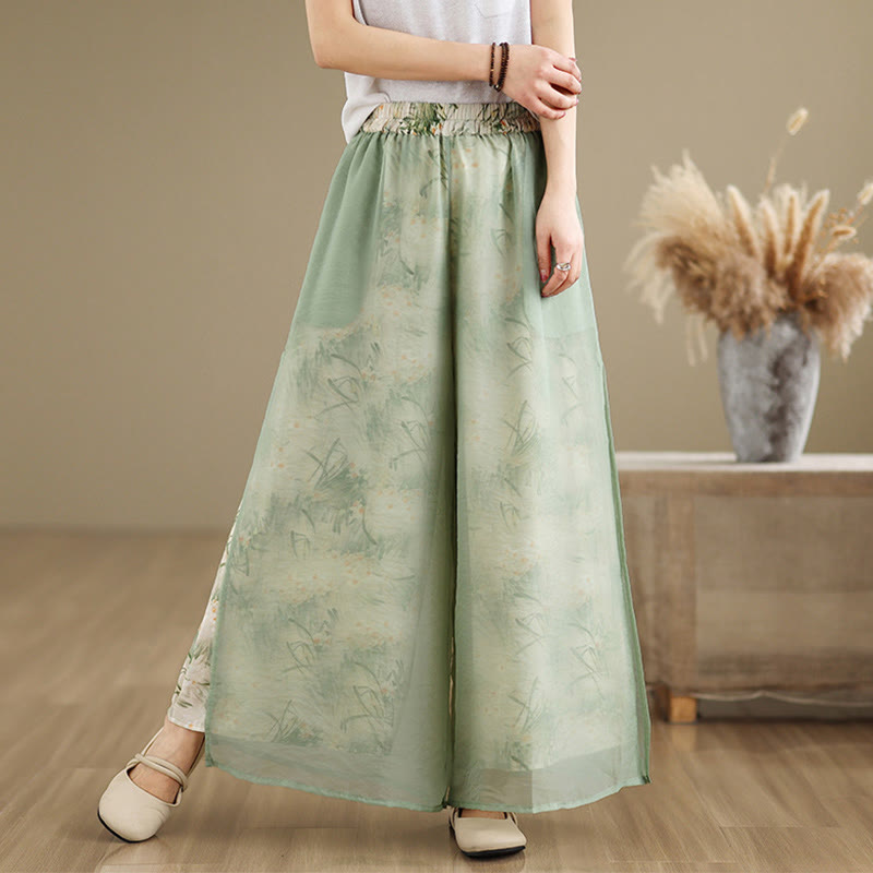 Spring Vintage Printing Plant Pattern Double Layer Design Women's Cotton Wide Leg Pants With Pockets
