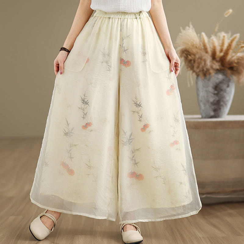 Spring Vintage Printing Plant Pattern Double Layer Design Women's Cotton Wide Leg Pants With Pockets