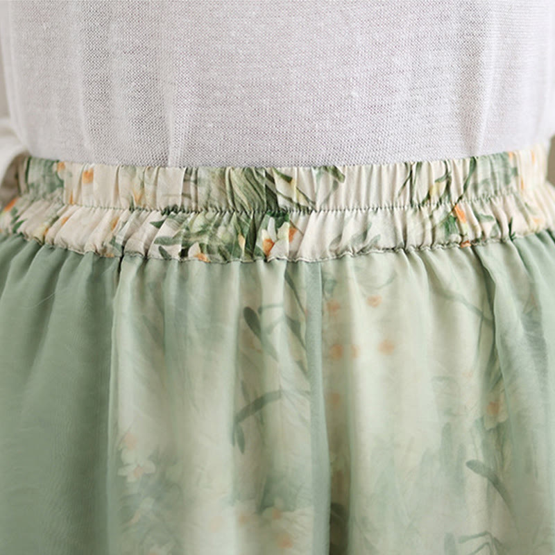 Spring Vintage Printing Plant Pattern Double Layer Design Women's Cotton Wide Leg Pants With Pockets