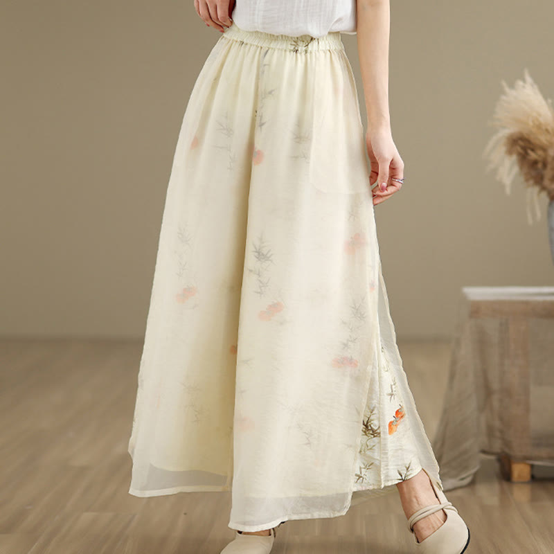 Spring Vintage Printing Plant Pattern Double Layer Design Women's Cotton Wide Leg Pants With Pockets