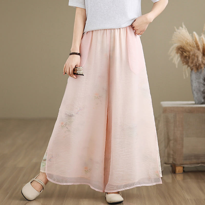 Spring Vintage Printing Plant Pattern Double Layer Design Women's Cotton Wide Leg Pants With Pockets